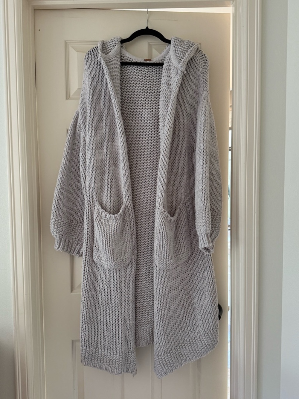Free People Light Gray Hooded Open-Front Chunky Knit Cardigan